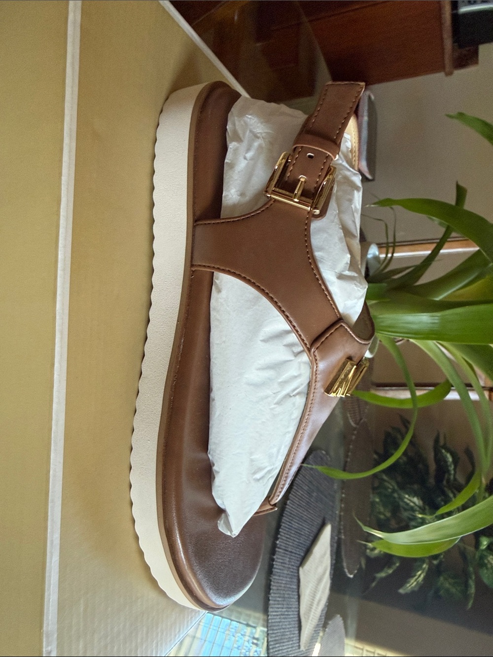 Michael Kors Brown Leather MK Logo T-Strap Sandal - Picture 3 of 5